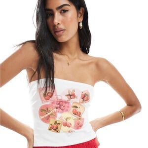 Miss Selfridge Cherry Graphic Bandeau Tube Top – White – Size M – New